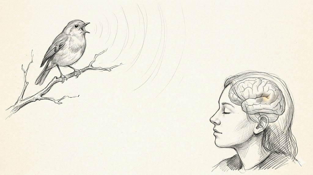 A pencil illustration of a songbird perched on a branch, with faint sound waves traveling toward a calm human silhouette in profile.