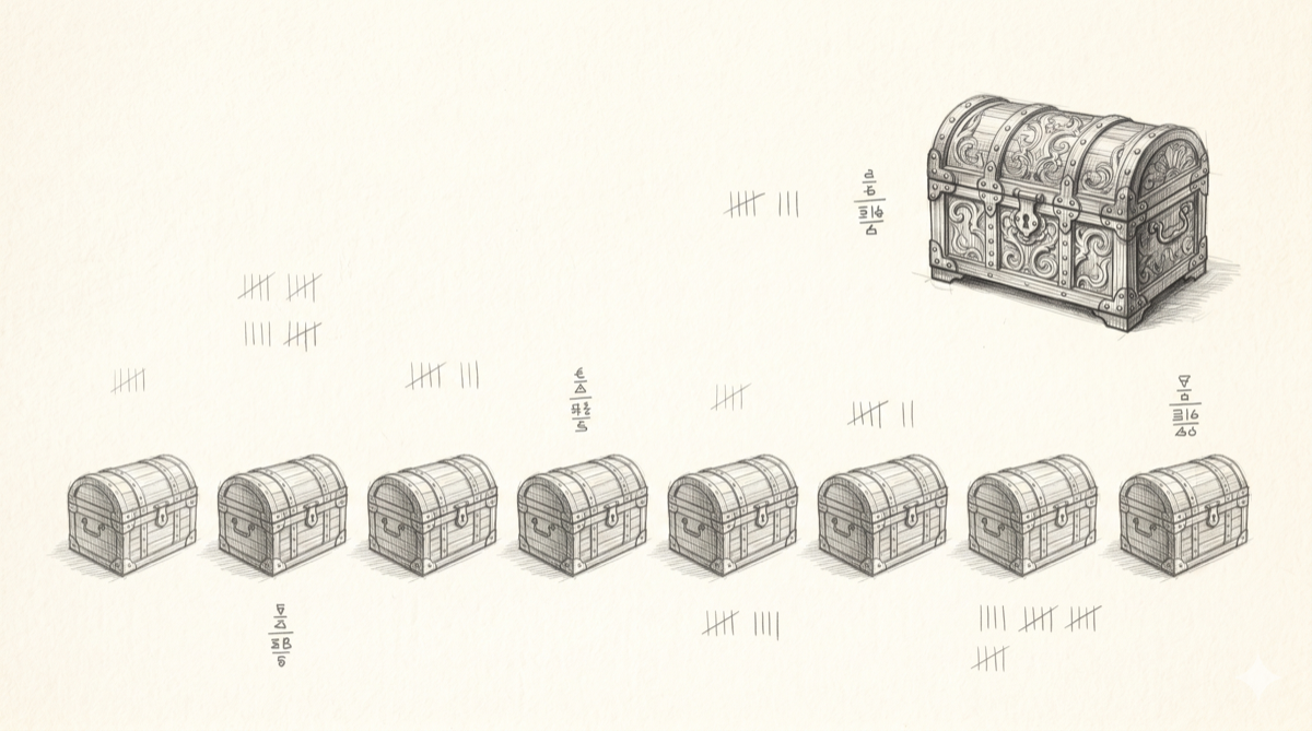 A pencil illustration of eight small coffers lined up beneath one larger ornate coffer, drawn like specimens on a naturalist’s plate.