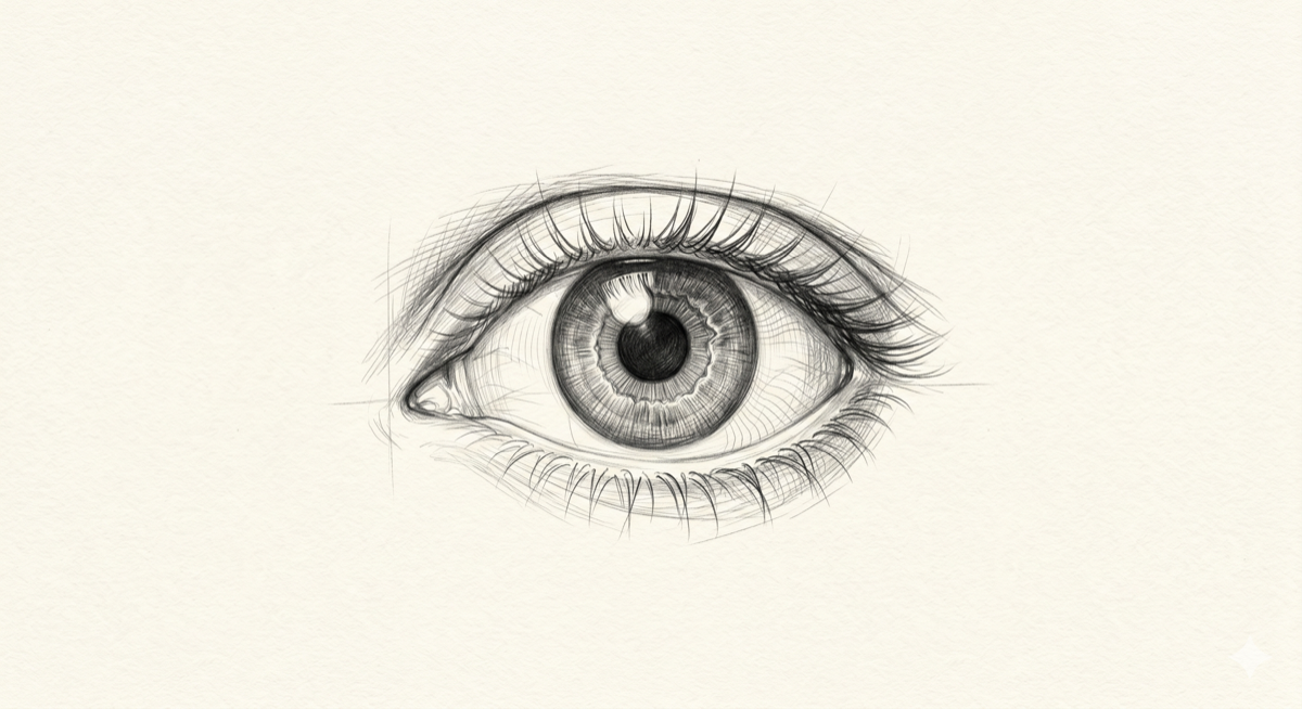 A pencil illustration of a single human eye in close-up, the iris rendered in meticulous detail with fine concentric ring patterns and faint radial wavelet lines, drawn in the style of an anatomical naturalist sketch.