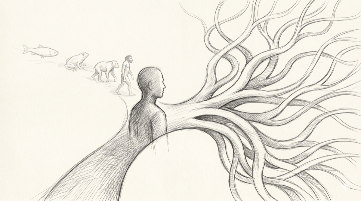 A pencil illustration of a human figure at a forking path, with faint silhouettes of earlier life forms fading into the page behind them.